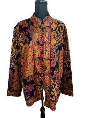 Vintage Asian-Inspired Patchwork Embroidery Tapestry Long Jacket Plus SZ 16/18